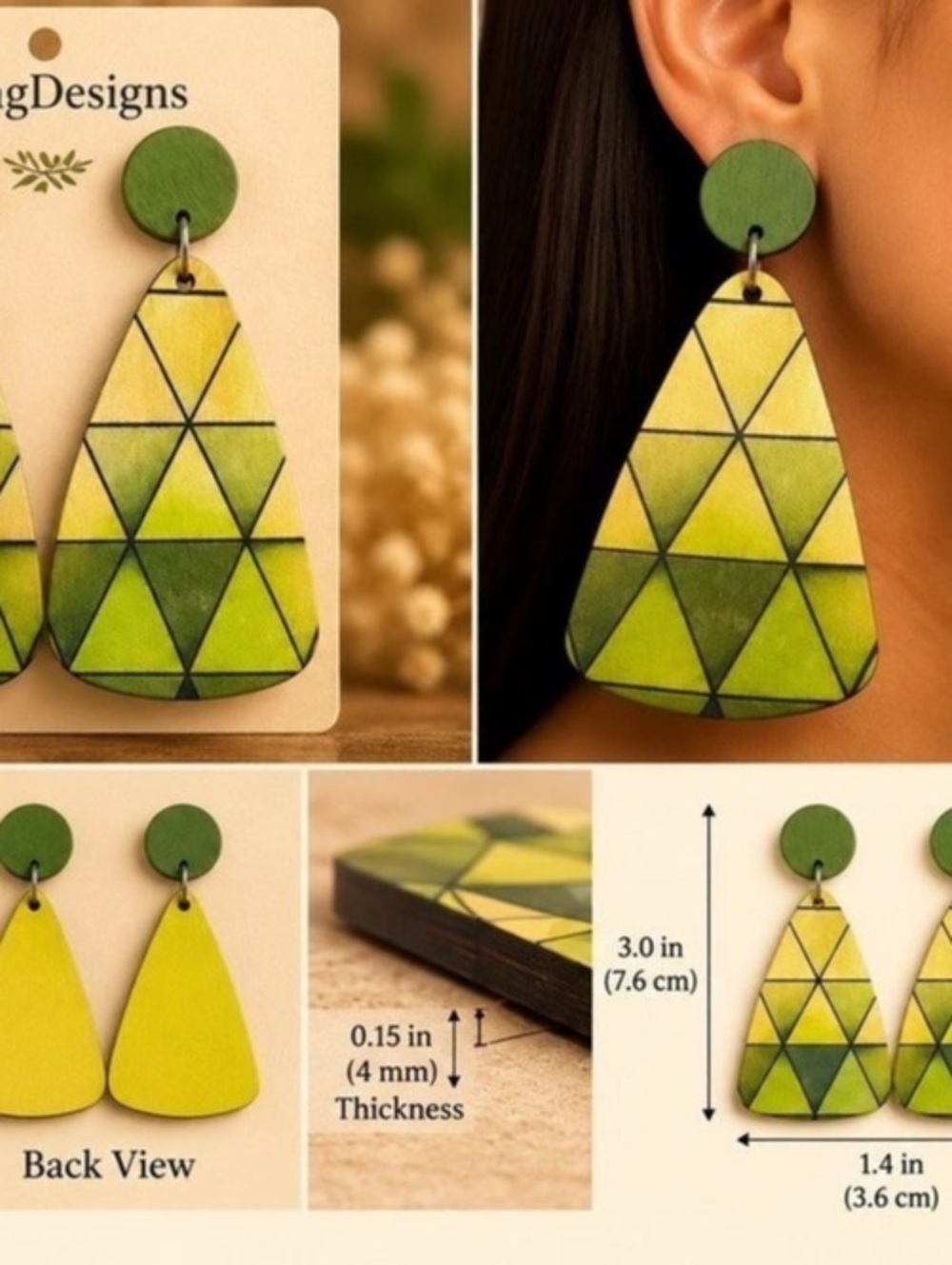 LaingDesigns Geometric Triangle Wooden Dangle Earrings Green & Yellow